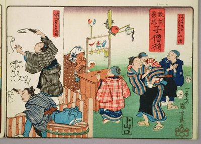 Moralische Lehre für Ladenjungen, gute und schlechte Verhaltensbeispiele, 1857 von Utagawa Kuniyoshi